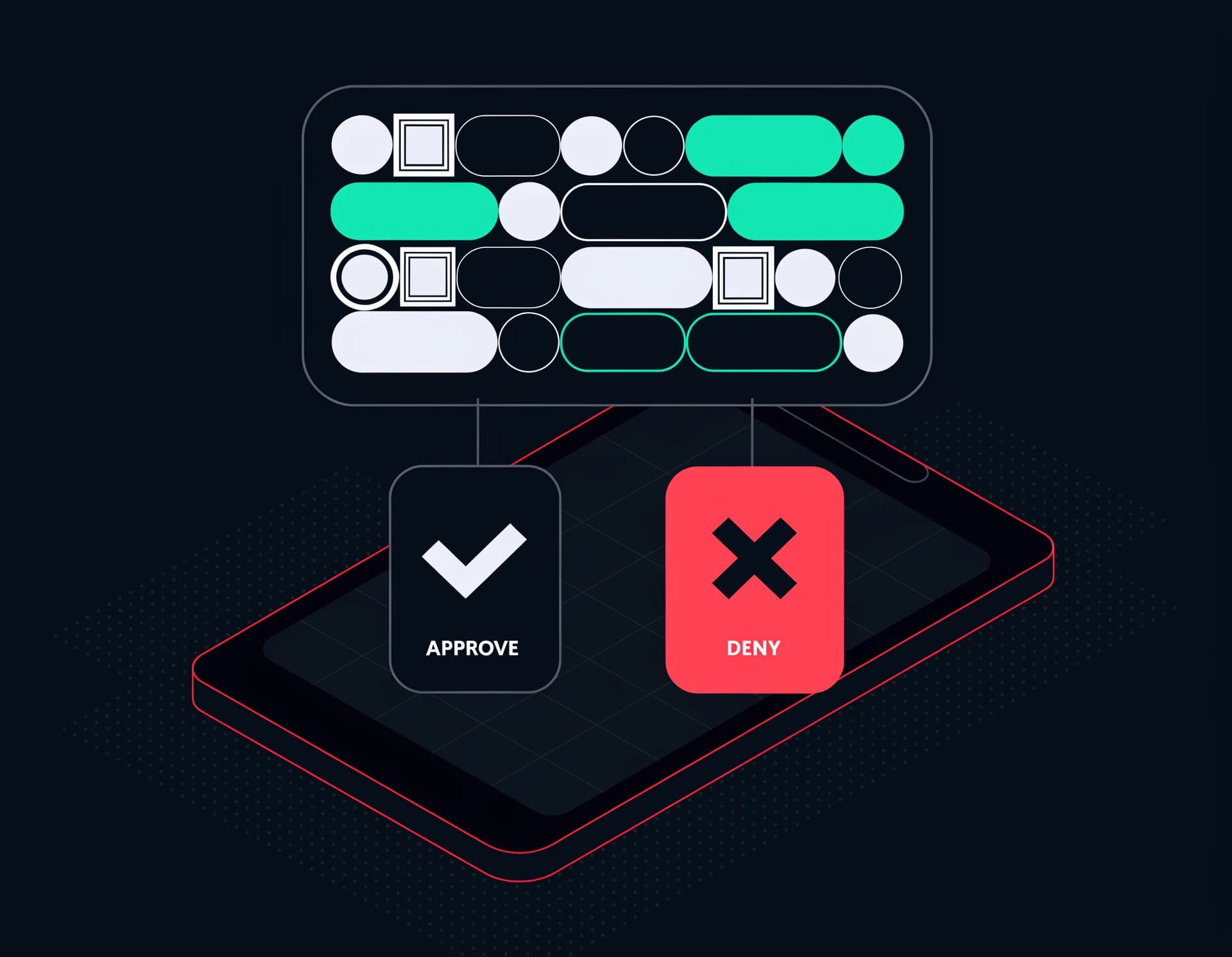 Stylized phone with an inline approval keyboard on screen, green-checkmark approve button and red-X deny button, for human-in-the-loop tool call review.